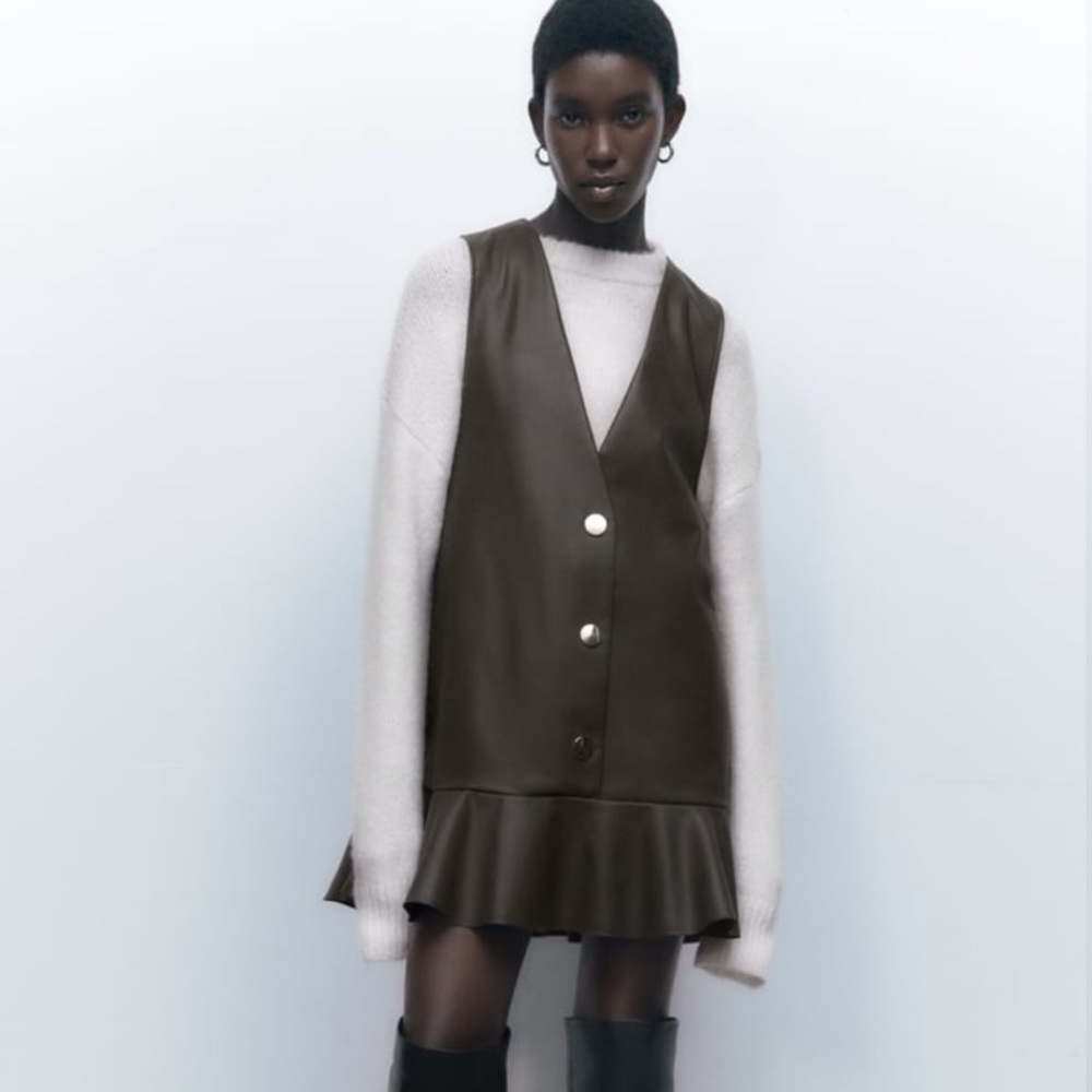 RUFFLED FAUX LEATHER PINAFORE DRESS